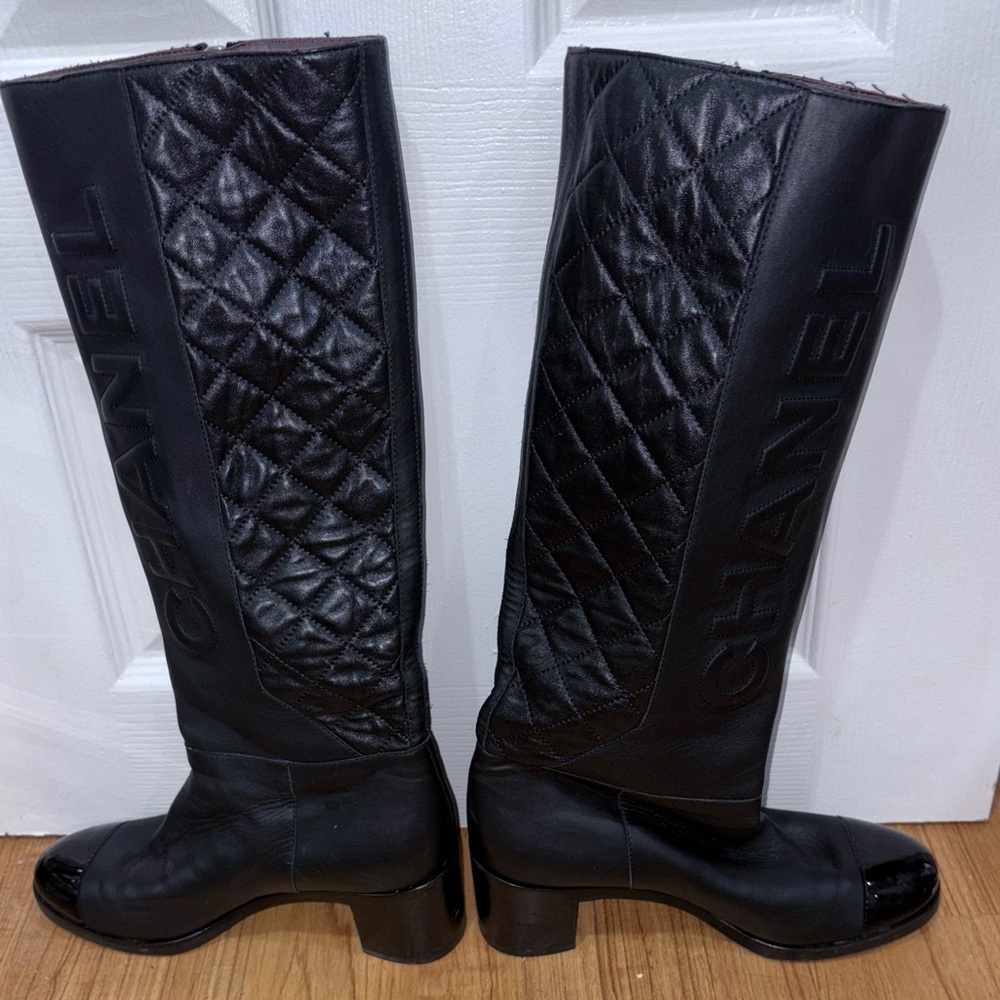CHANEL Black Over the Knee Quilted Boots